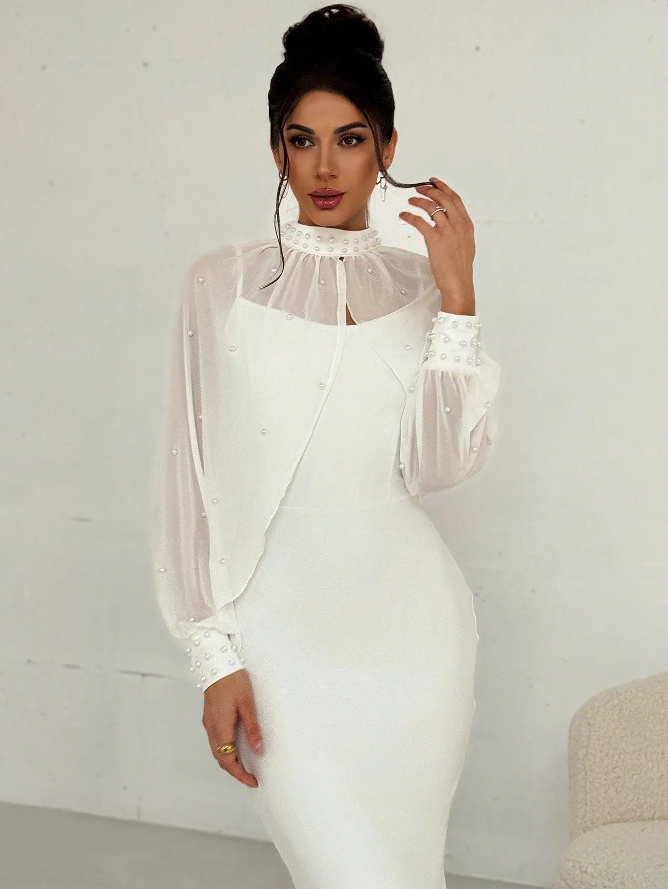 Women's Elegant Minimalist Exquisite Romantic Charming Pearl Mesh Long Sleeve Top And Strappy Form-Fitting Fishtail Dress 2-Piece Set, White