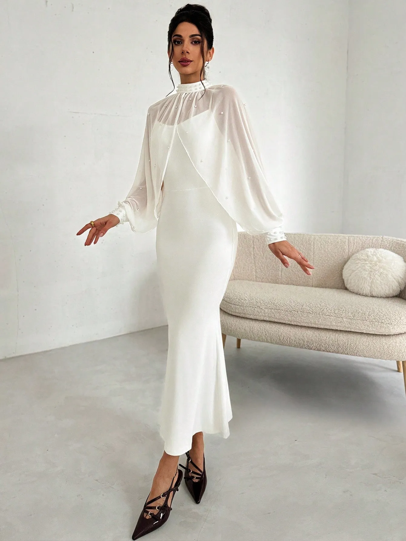 Women's Elegant Minimalist Exquisite Romantic Charming Pearl Mesh Long Sleeve Top And Strappy Form-Fitting Fishtail Dress 2-Piece Set, White