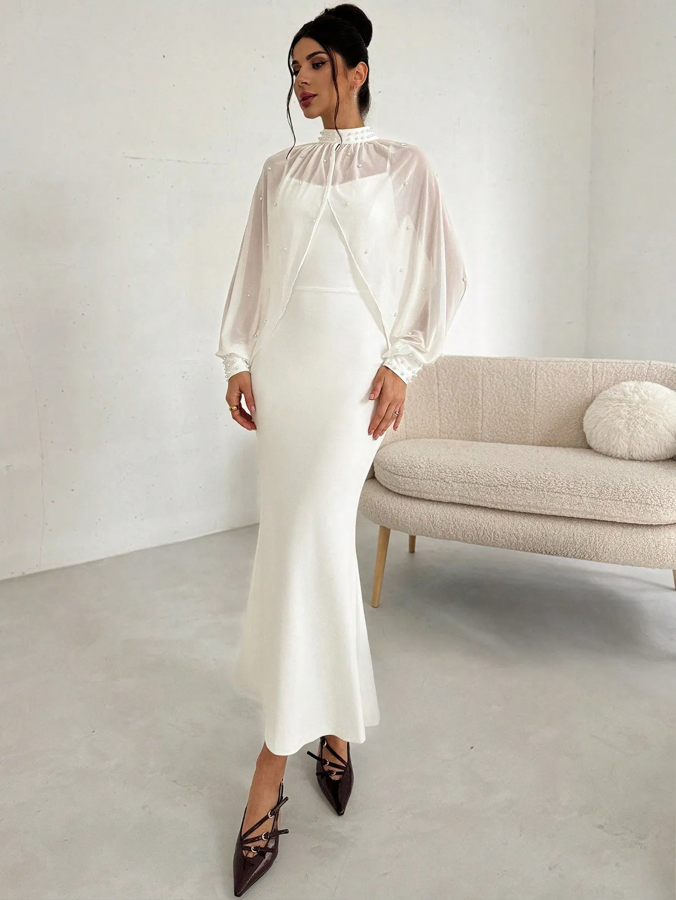 Women's Elegant Minimalist Exquisite Romantic Charming Pearl Mesh Long Sleeve Top And Strappy Form-Fitting Fishtail Dress 2-Piece Set, White