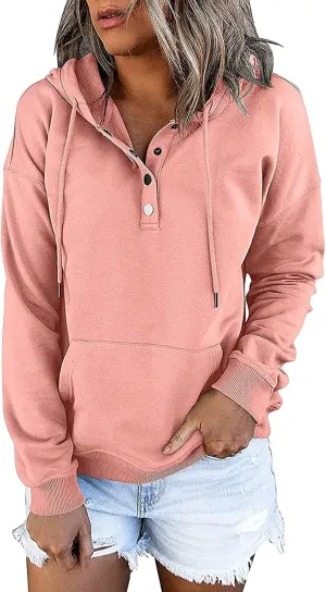 Women's Fashion Casual Hoodies Color Block Long Sleeve Drawstring Button Down Pullover Fall Sweatshirt Tops With Pocket
