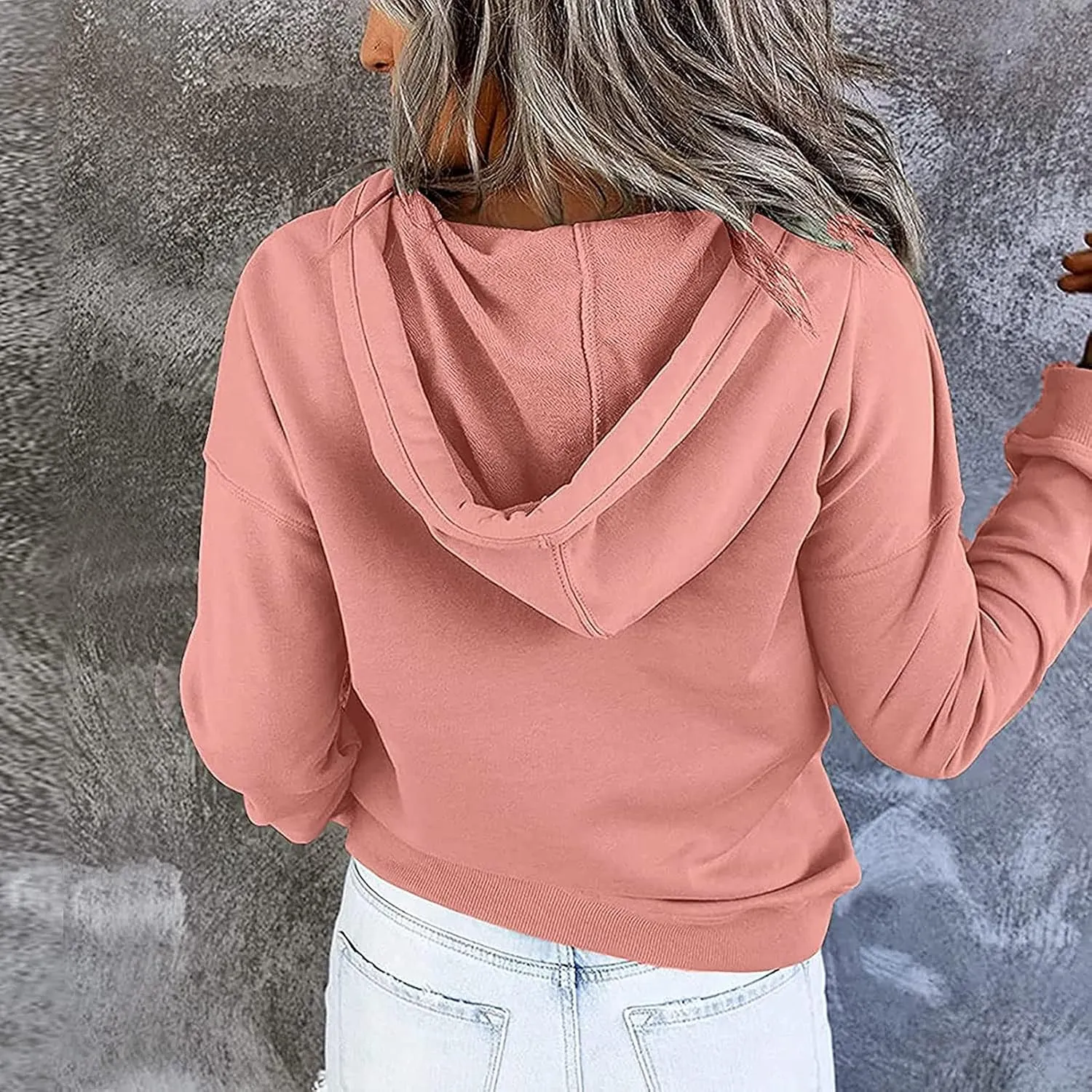 Women's Fashion Casual Hoodies Color Block Long Sleeve Drawstring Button Down Pullover Fall Sweatshirt Tops With Pocket