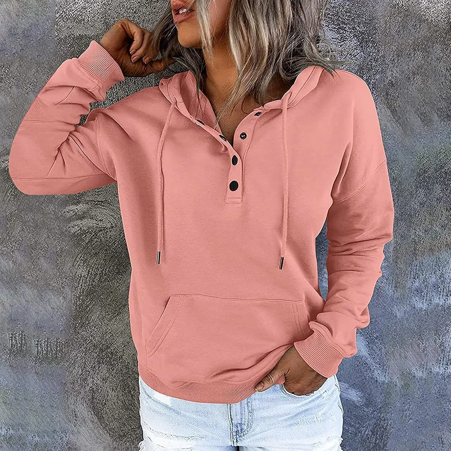 Women's Fashion Casual Hoodies Color Block Long Sleeve Drawstring Button Down Pullover Fall Sweatshirt Tops With Pocket