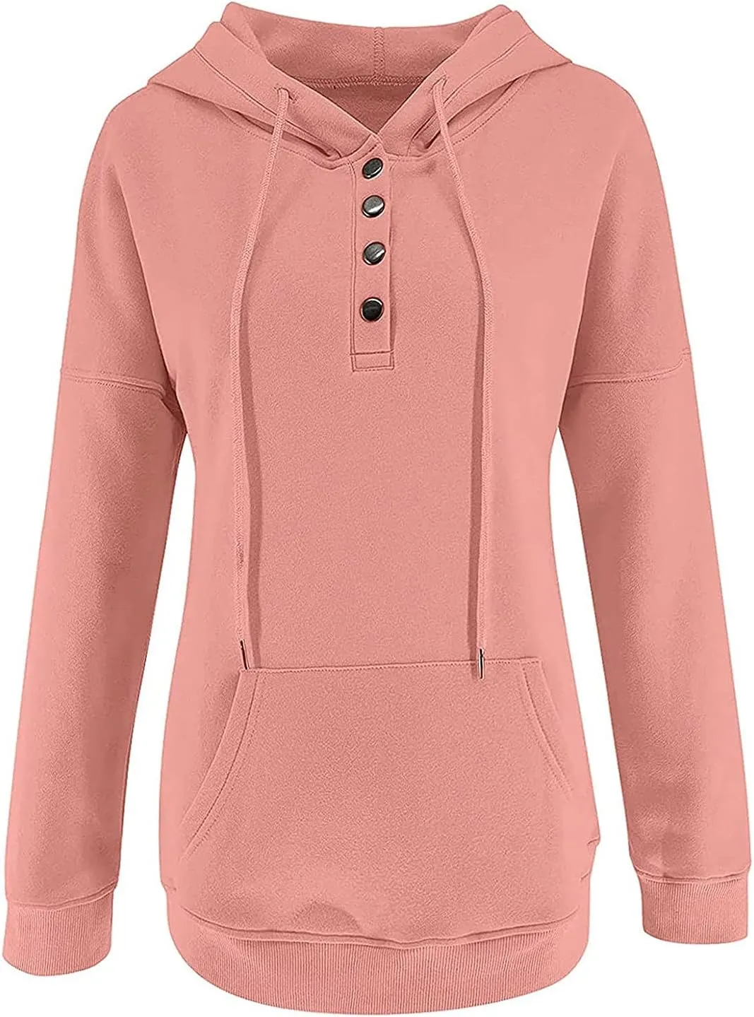 Women's Fashion Casual Hoodies Color Block Long Sleeve Drawstring Button Down Pullover Fall Sweatshirt Tops With Pocket