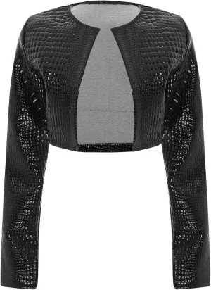 Womens Faux Leather Snakeskin Print Jackets Moto Biker Open Front Crop Blazer Cardigan