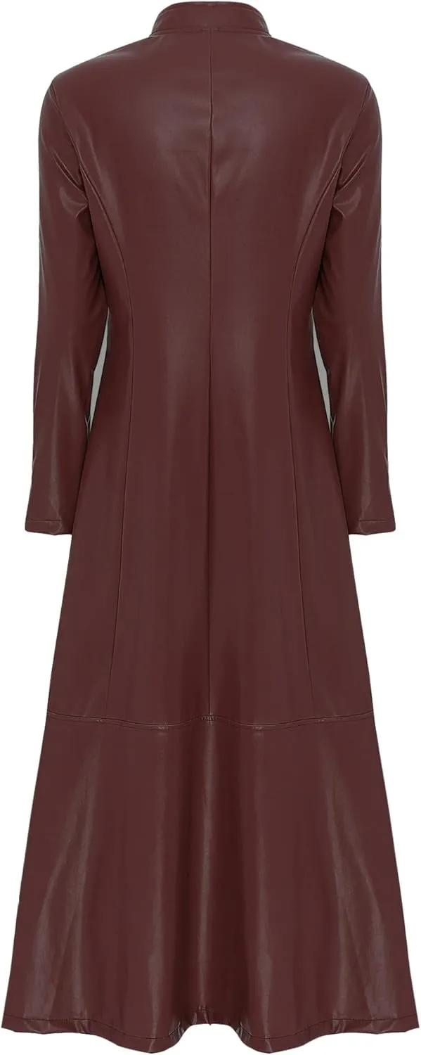 Women's Faux Leather Trench Coat Mock Neck Long Sleeve Full Zip Dress Coat Maxi Jacket Outwear