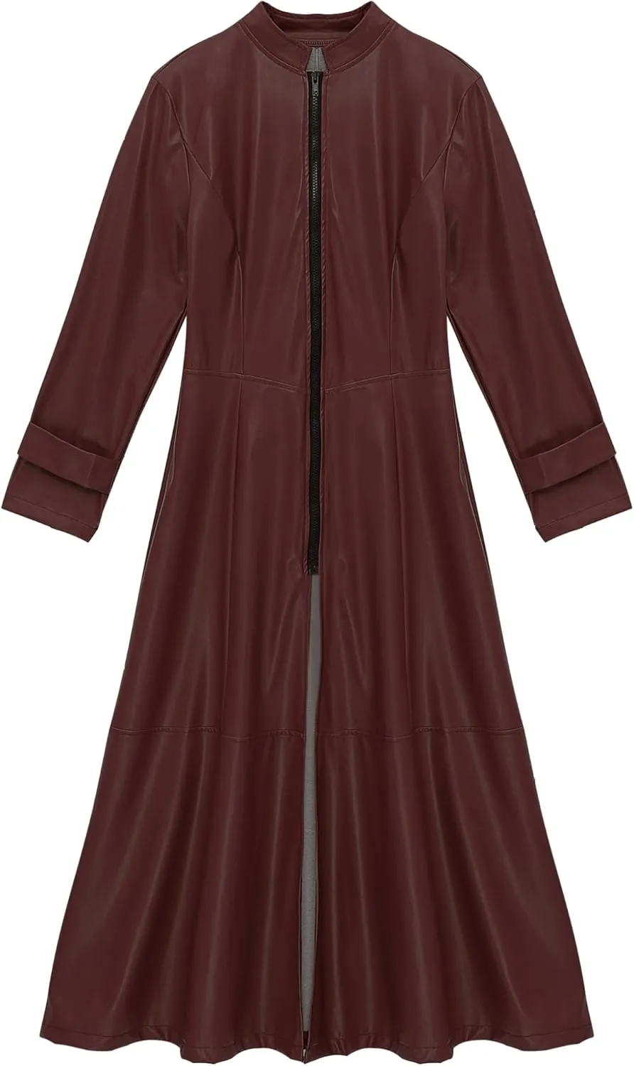 Women's Faux Leather Trench Coat Mock Neck Long Sleeve Full Zip Dress Coat Maxi Jacket Outwear