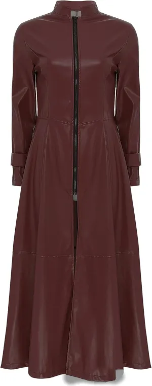Women's Faux Leather Trench Coat Mock Neck Long Sleeve Full Zip Dress Coat Maxi Jacket Outwear