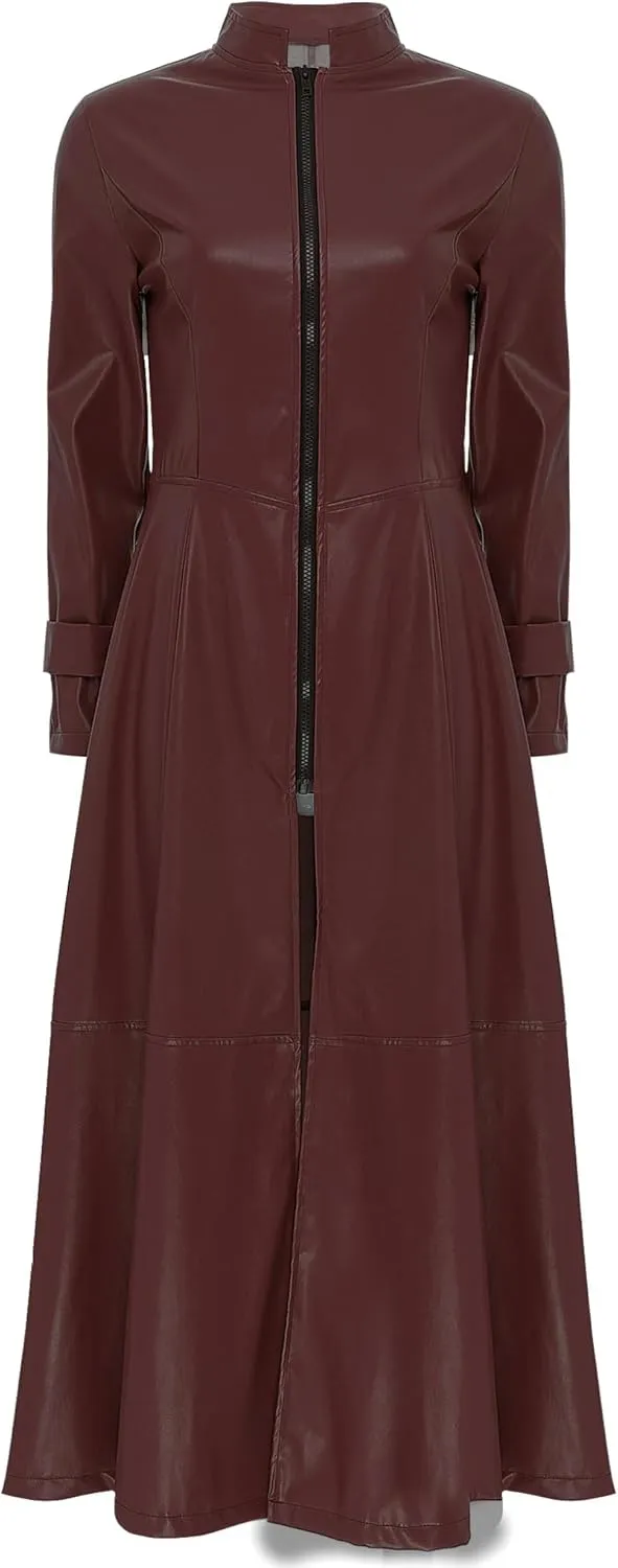 Women's Faux Leather Trench Coat Mock Neck Long Sleeve Full Zip Dress Coat Maxi Jacket Outwear
