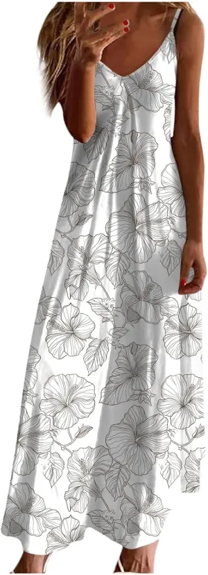 Womens Floral Maxi Dresses Spaghetti Strap Casual Summer Long Dress Vneck Flowy Boho Beach Sundress Vacation Outfits