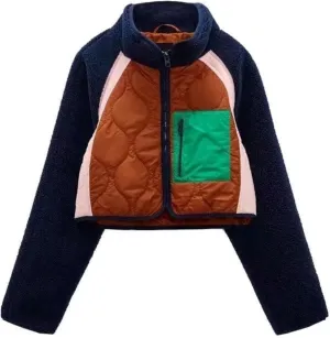 Womens Fuzzy Fleece Jacket Cropped Zip Up Long Sleeve Casual Outwear Warm Winter Patchwork Jackets