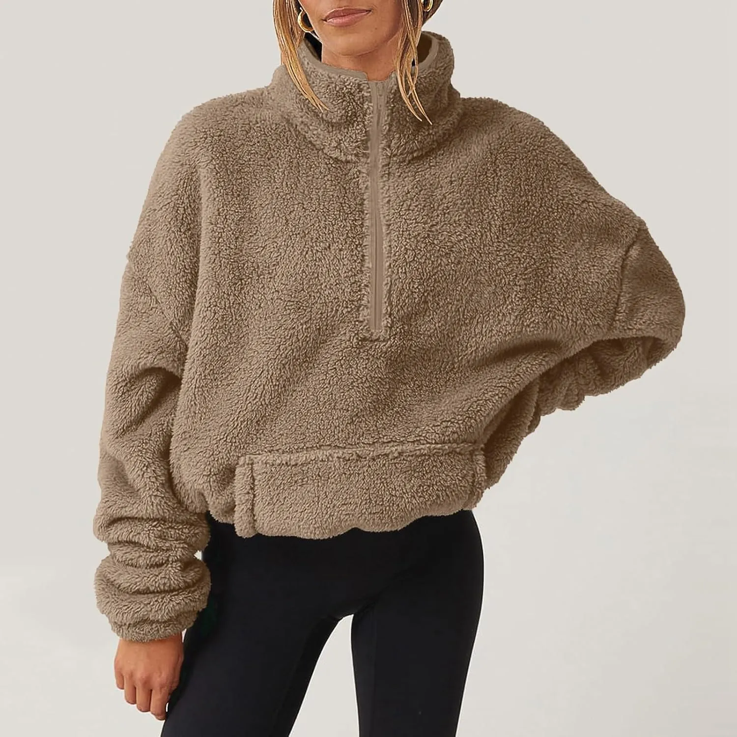Womens Half Zip Sweatshirt Sherpa Hoodie Quarter Zip Pullover Fuzzy Sweater with Pocket Comfy Warm Winter Clothes