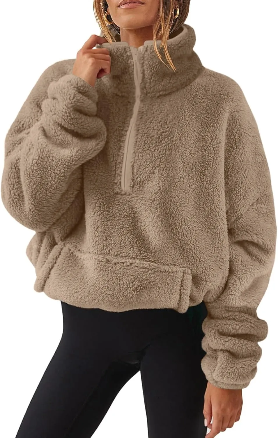 Womens Half Zip Sweatshirt Sherpa Hoodie Quarter Zip Pullover Fuzzy Sweater with Pocket Comfy Warm Winter Clothes