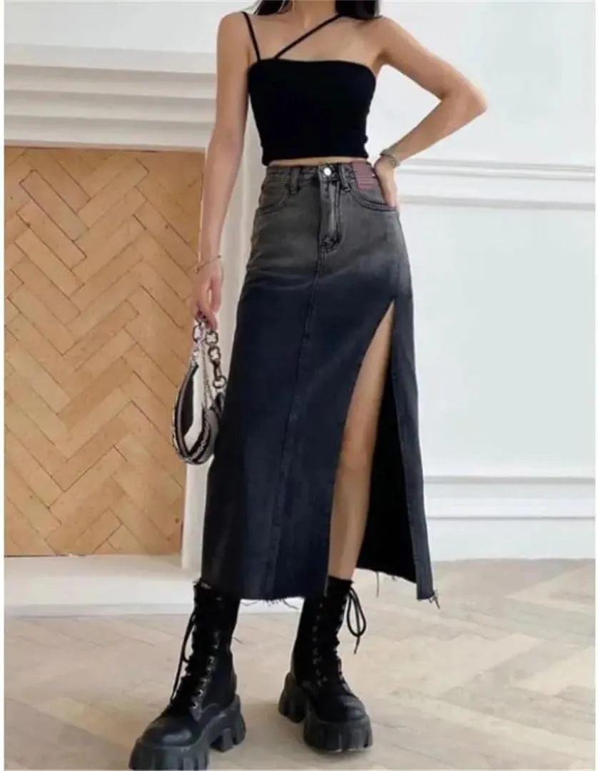 Women's High-Waisted Mid-Length Denim Skirt Side Slits Vintage Skirt