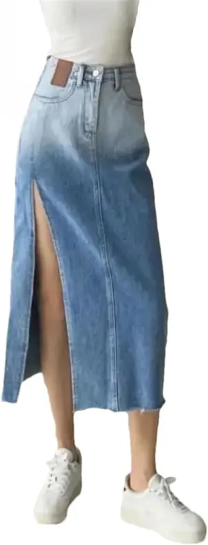 Women's High-Waisted Mid-Length Denim Skirt Side Slits Vintage Skirt