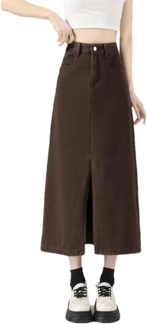 Women's High-Waisted Split Denim Skirt Knee-Length A-Line Loose Skirt