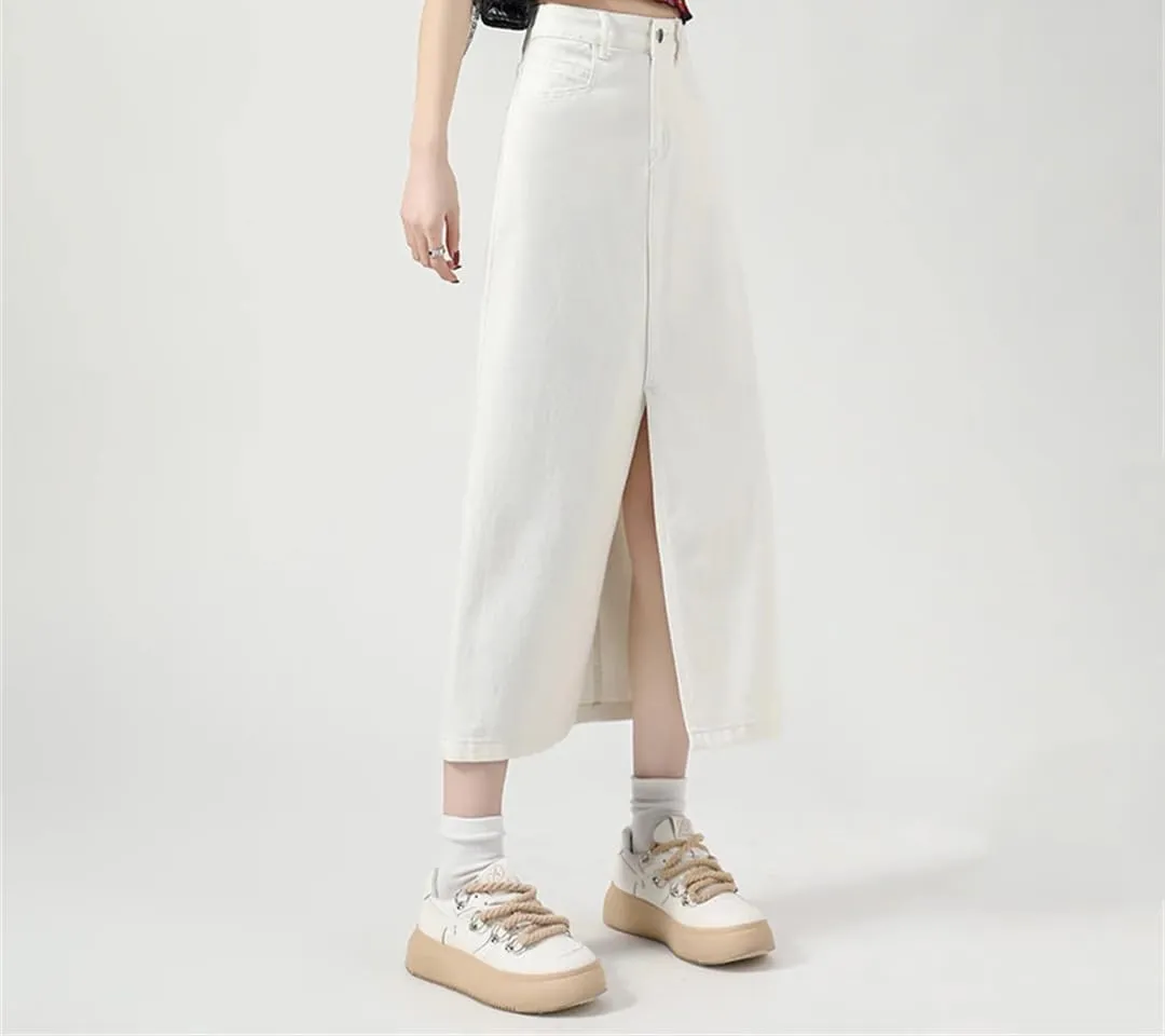 Women's High-Waisted Split Denim Skirt Knee-Length A-Line Loose Skirt