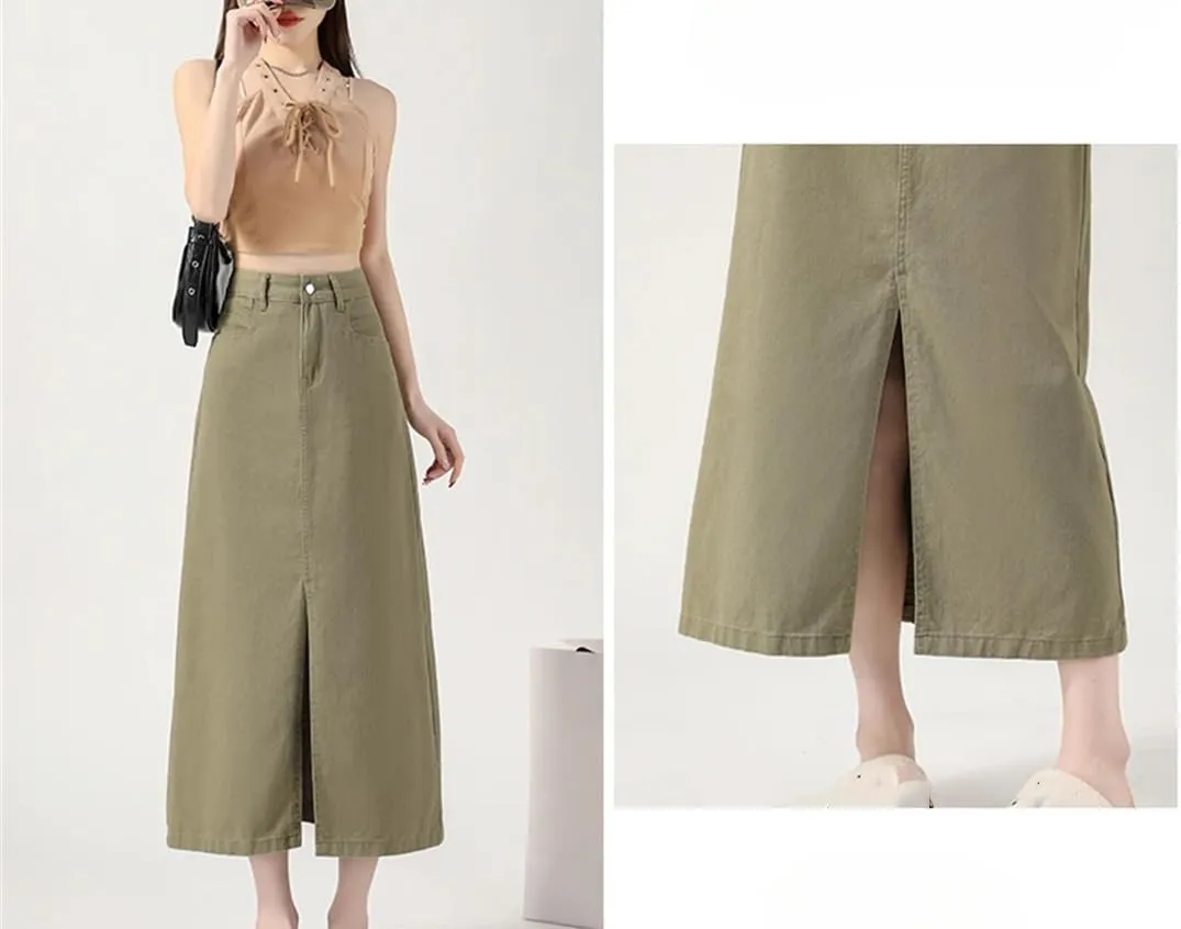 Women's High-Waisted Split Denim Skirt Knee-Length A-Line Loose Skirt
