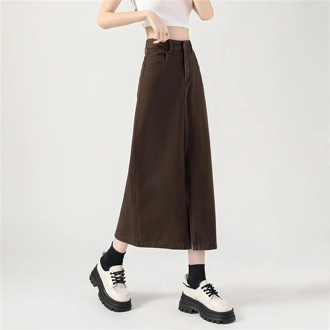Women's High-Waisted Split Denim Skirt Knee-Length A-Line Loose Skirt