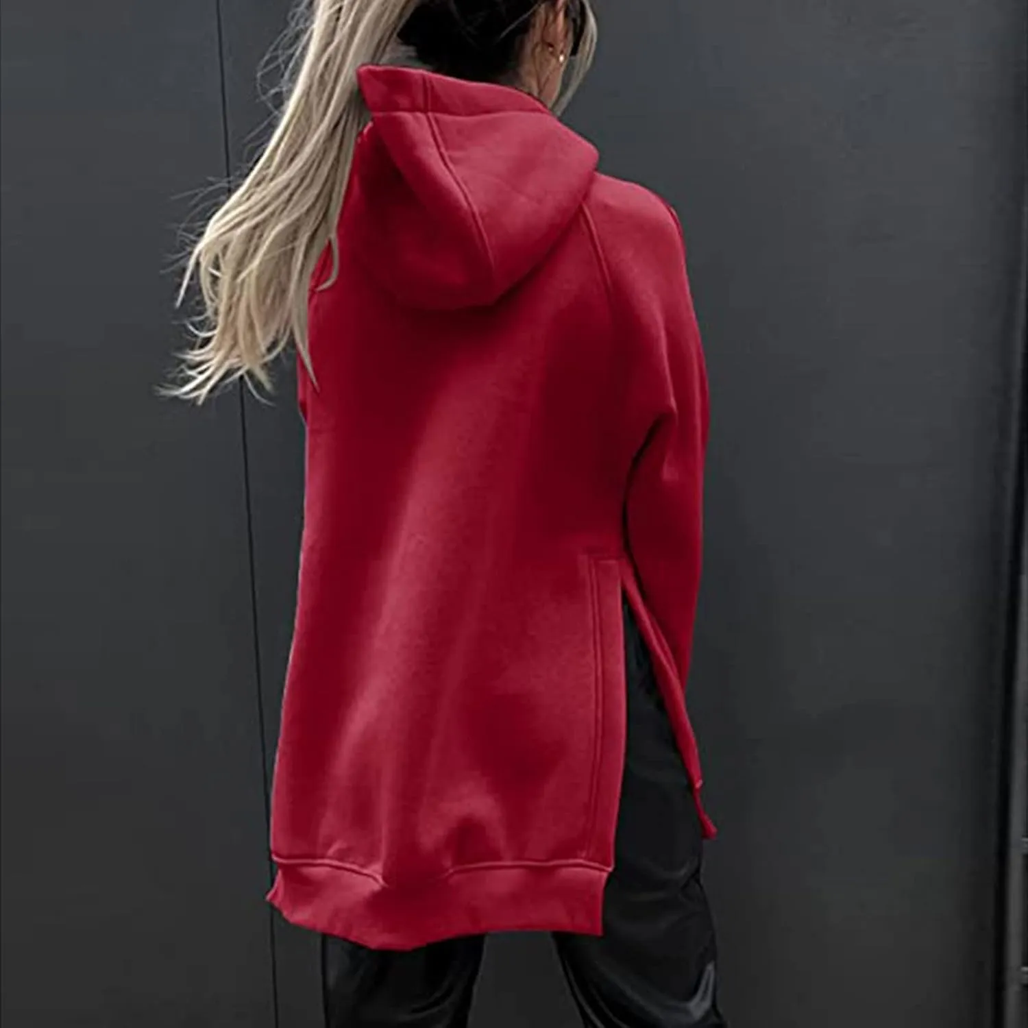Women's Hoodies Casual Pullover Oversized Sweatshirt Long Sleeve Split Hem Hoodie with Kangaroo Pocket