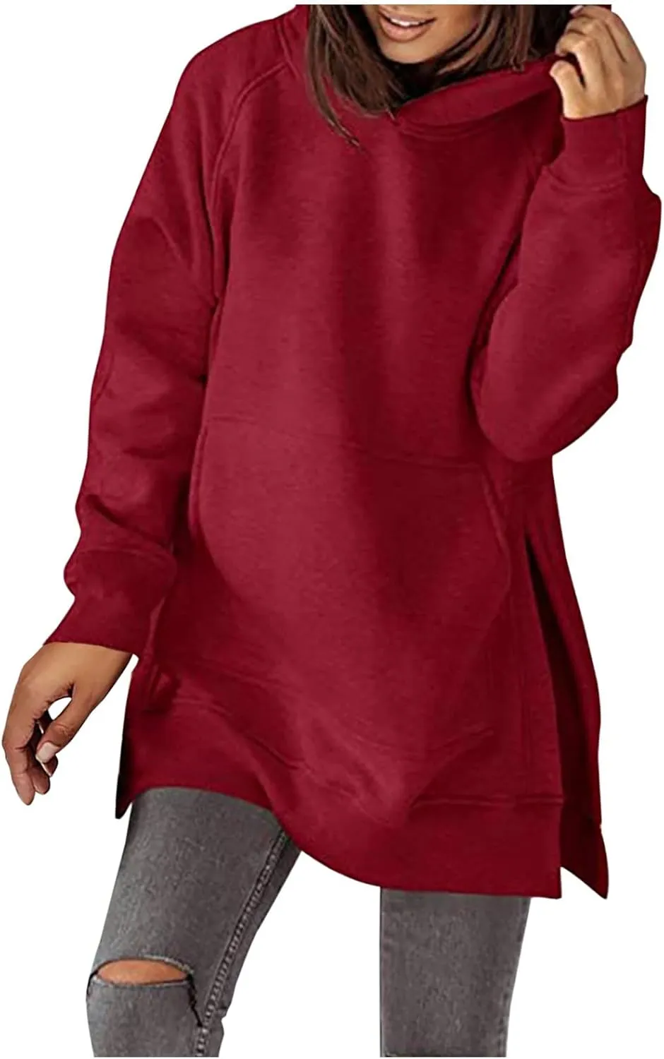 Women's Hoodies Casual Pullover Oversized Sweatshirt Long Sleeve Split Hem Hoodie with Kangaroo Pocket