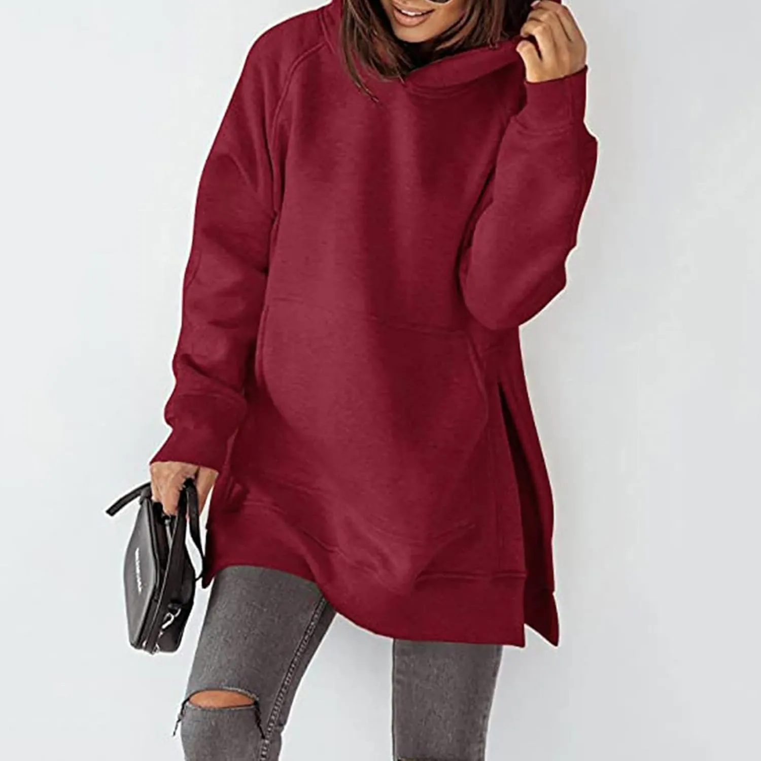 Women's Hoodies Casual Pullover Oversized Sweatshirt Long Sleeve Split Hem Hoodie with Kangaroo Pocket
