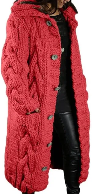 Women's Long Cardigan with Hood Chunky Cable Knit Overcoat Open Front Sweater Cardigan Outerwear with Pockets
