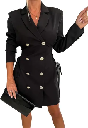 Womens Long Sleeve Lapel V Neck Lace Up Button Bodycon Sexy Nightclub Party Blazer Jackets Dress