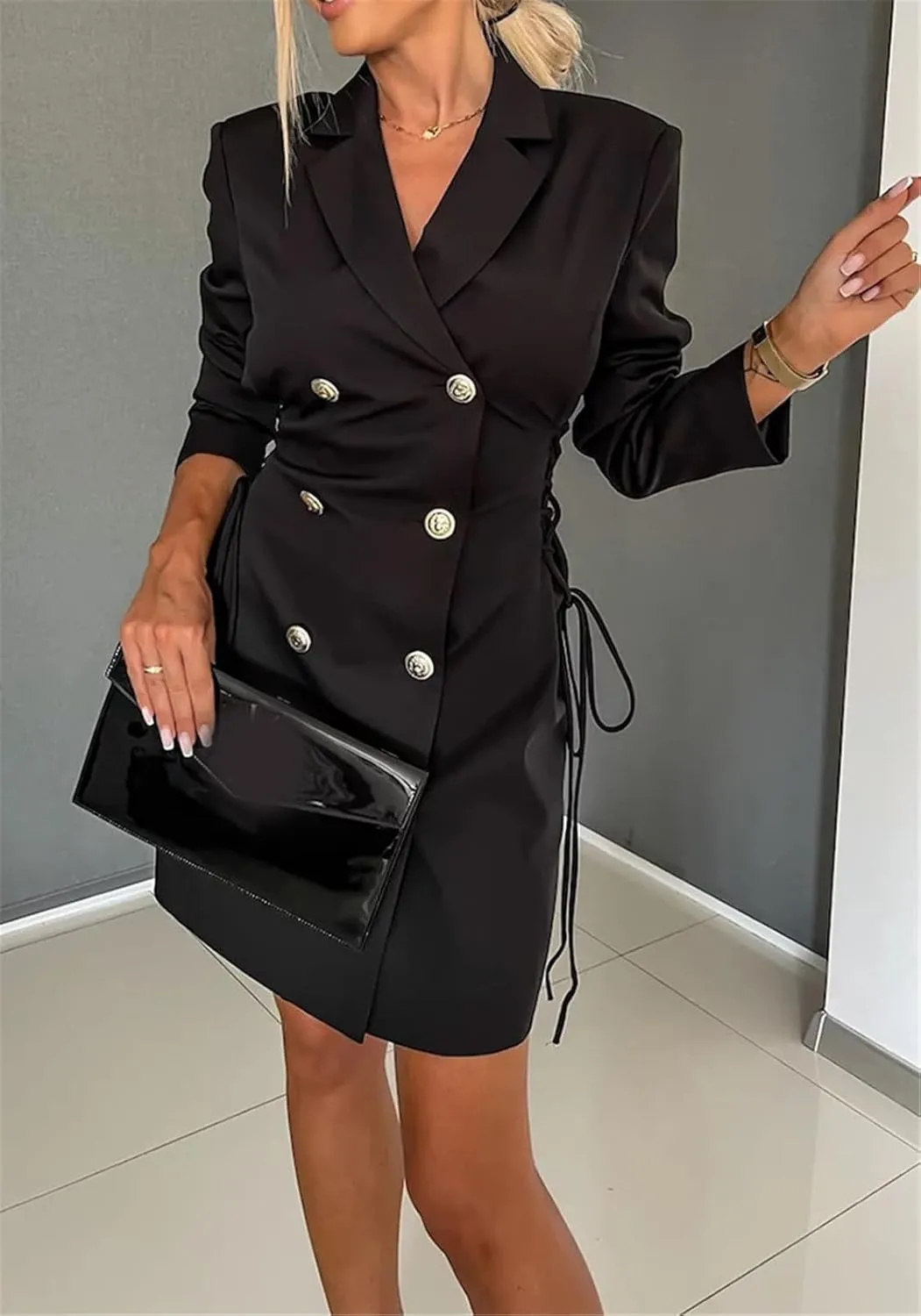 Womens Long Sleeve Lapel V Neck Lace Up Button Bodycon Sexy Nightclub Party Blazer Jackets Dress