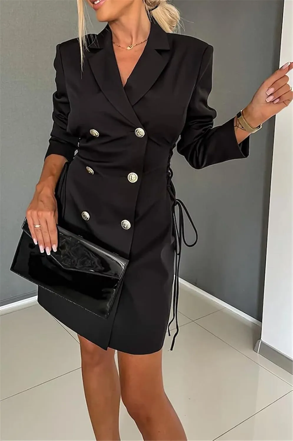 Womens Long Sleeve Lapel V Neck Lace Up Button Bodycon Sexy Nightclub Party Blazer Jackets Dress