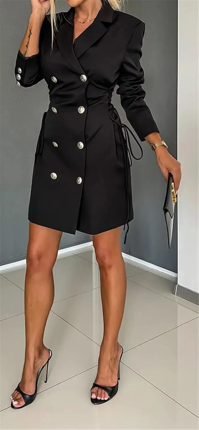 Womens Long Sleeve Lapel V Neck Lace Up Button Bodycon Sexy Nightclub Party Blazer Jackets Dress
