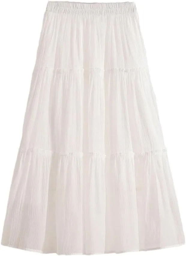 Women's Midi Long A-Line Tulle Skirts Korean Style Elegant Tutu Skirt Summer Solid Color Pleated Skirts