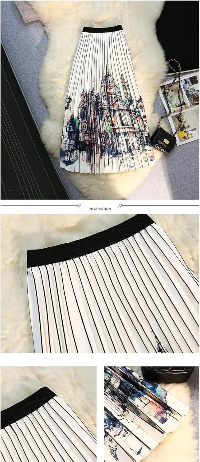 Women's Organ Pleated Long Skirt Bohemian Long Skirt Elastic Waist A-line Pleated Ruffled midi Skirt
