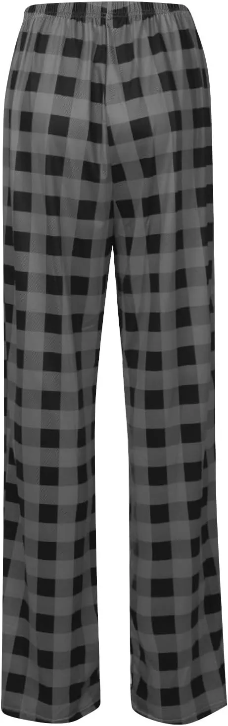 Womens Pajamas Pants 2025 Lounge Cute Plaid Pants Soft Comfy Drawstring Wide Leg Trousers Bell Bottom Sleep Clothing