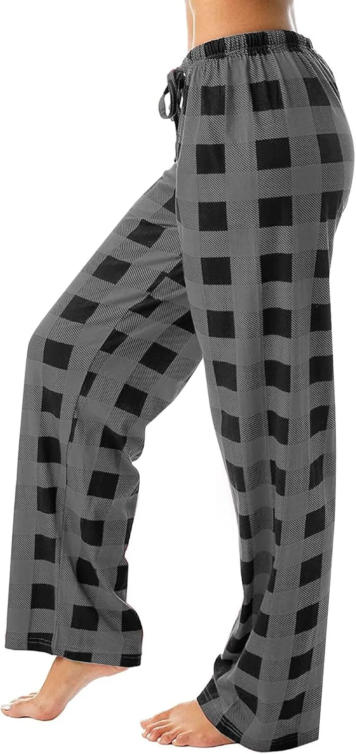 Womens Pajamas Pants 2025 Lounge Cute Plaid Pants Soft Comfy Drawstring Wide Leg Trousers Bell Bottom Sleep Clothing
