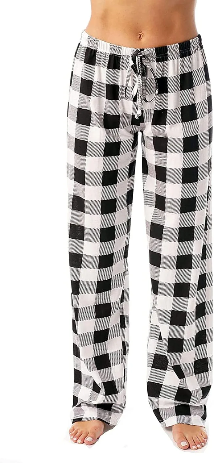 Womens Pajamas Pants 2025 Lounge Cute Plaid Pants Soft Comfy Drawstring Wide Leg Trousers Bell Bottom Sleep Clothing