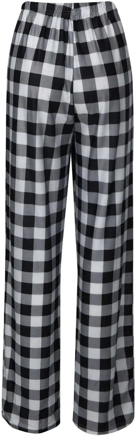 Womens Pajamas Pants 2025 Lounge Cute Plaid Pants Soft Comfy Drawstring Wide Leg Trousers Bell Bottom Sleep Clothing