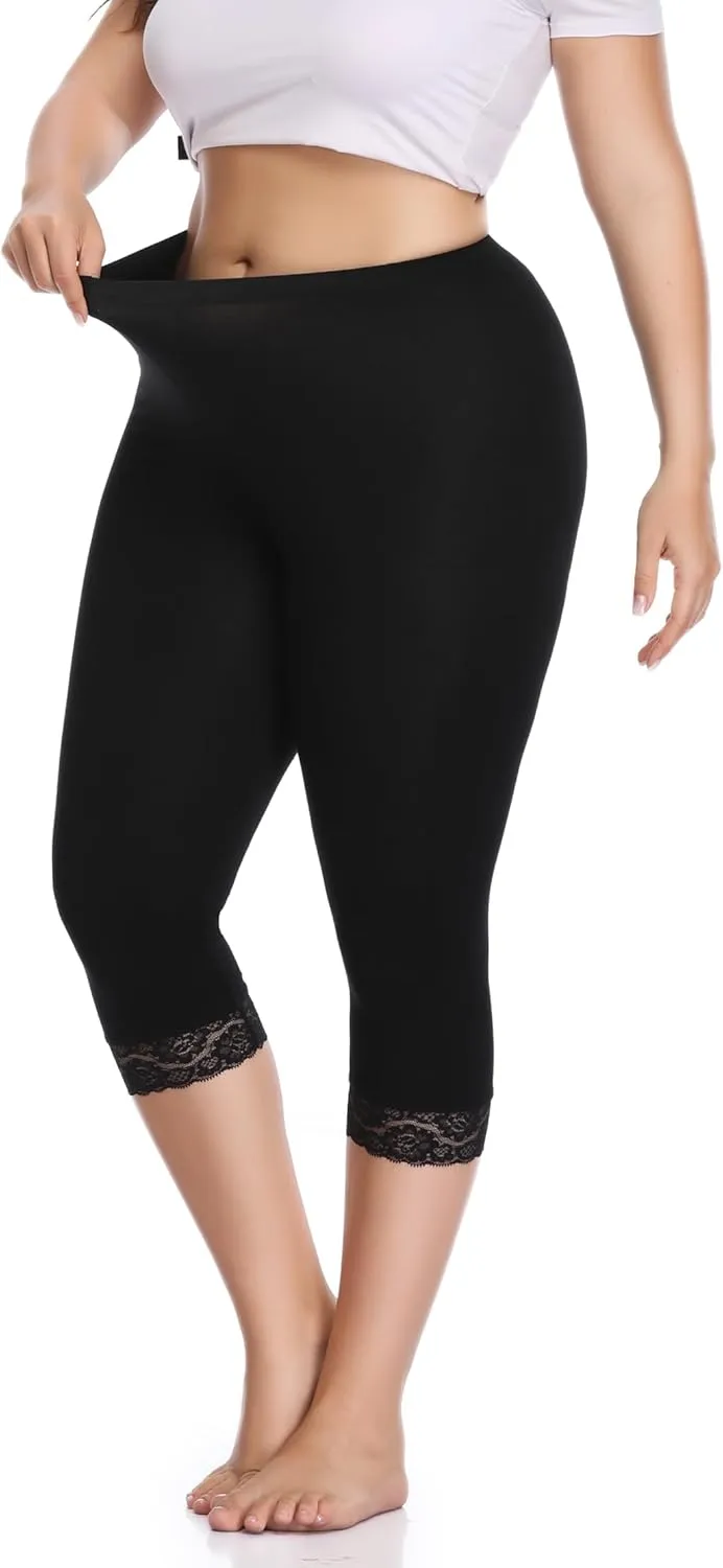 Women's Plus Size Capri Leggings Lace Trim High Waisted Stretchy Soft Crop Pants