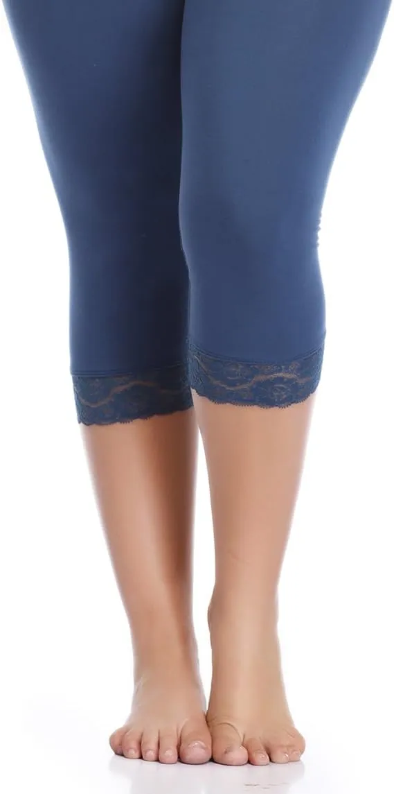 Women's Plus Size Capri Leggings Lace Trim High Waisted Stretchy Soft Crop Pants