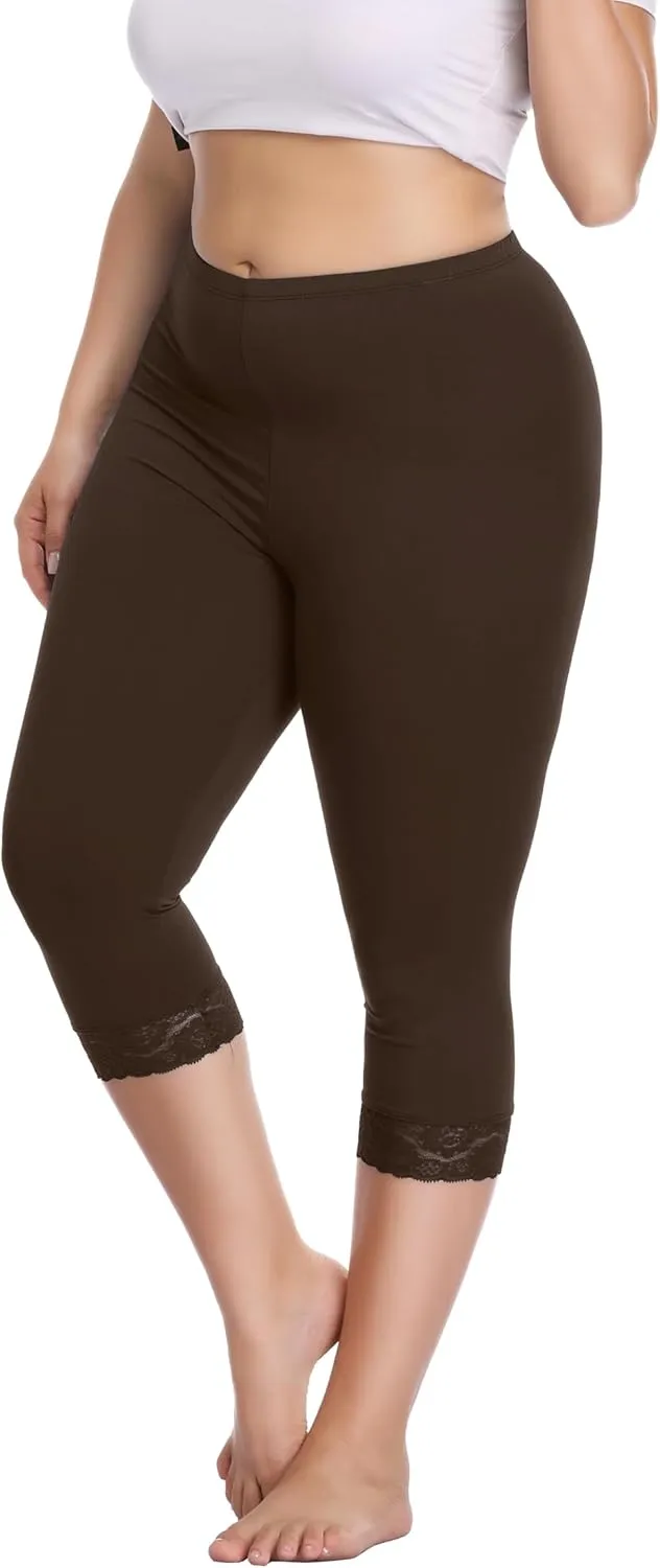 Women's Plus Size Capri Leggings Lace Trim High Waisted Stretchy Soft Crop Pants