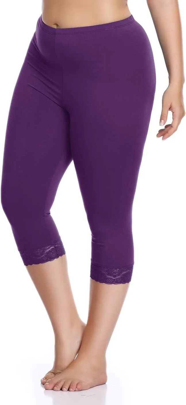 Women's Plus Size Capri Leggings Lace Trim High Waisted Stretchy Soft Crop Pants