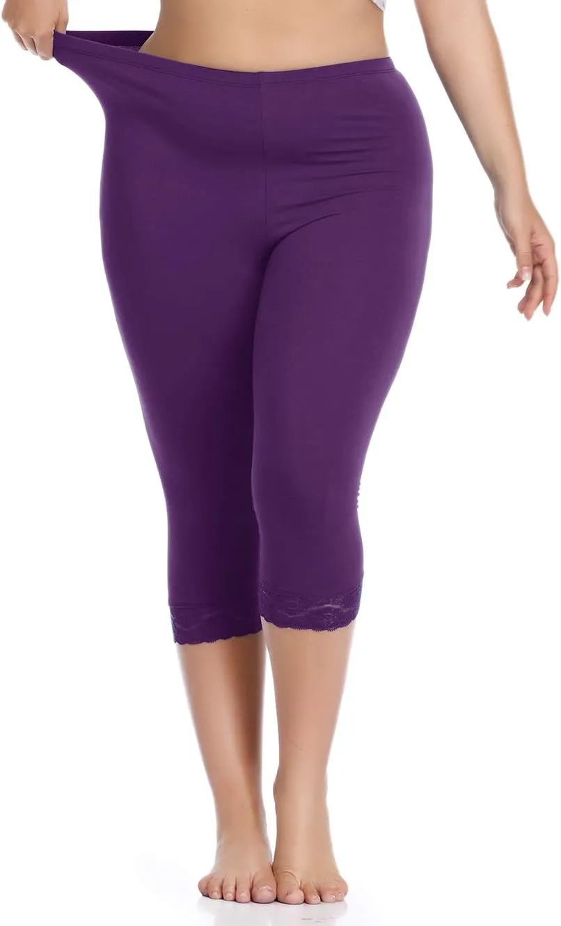Women's Plus Size Capri Leggings Lace Trim High Waisted Stretchy Soft Crop Pants
