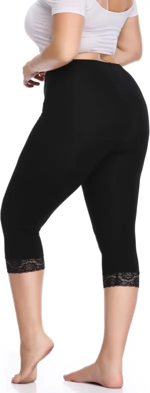 Women's Plus Size Capri Leggings Lace Trim High Waisted Stretchy Soft Crop Pants