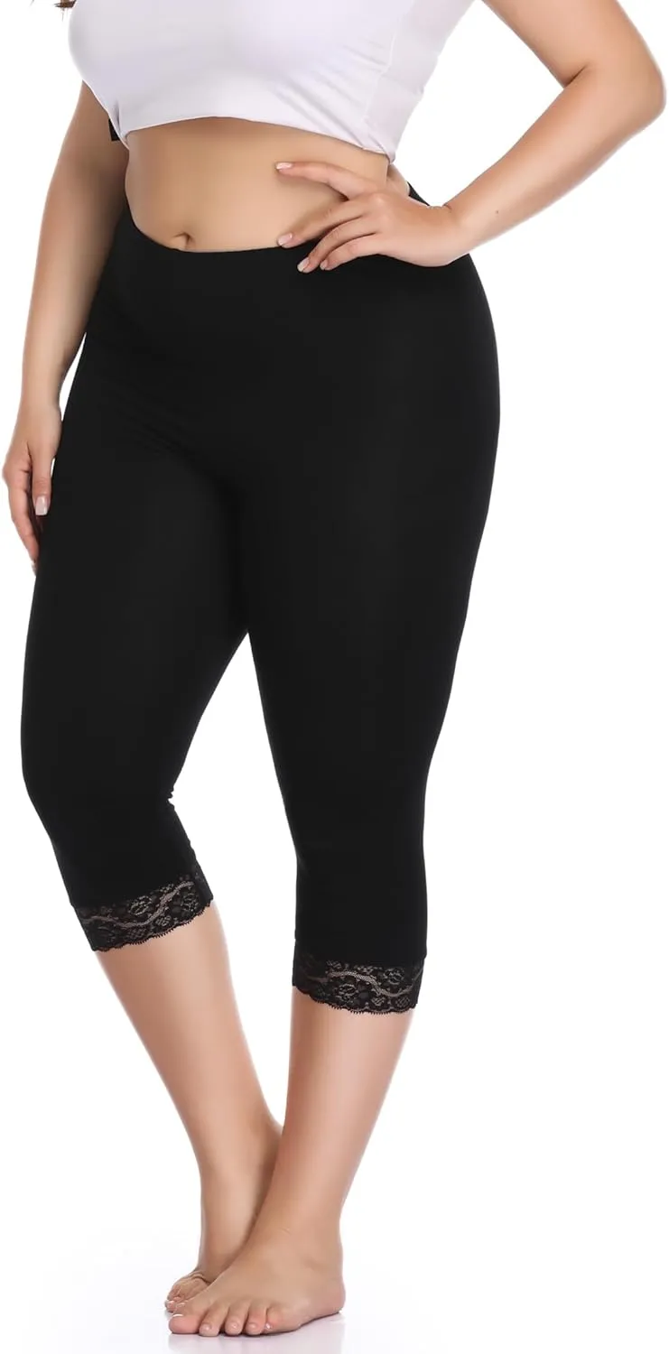 Women's Plus Size Capri Leggings Lace Trim High Waisted Stretchy Soft Crop Pants