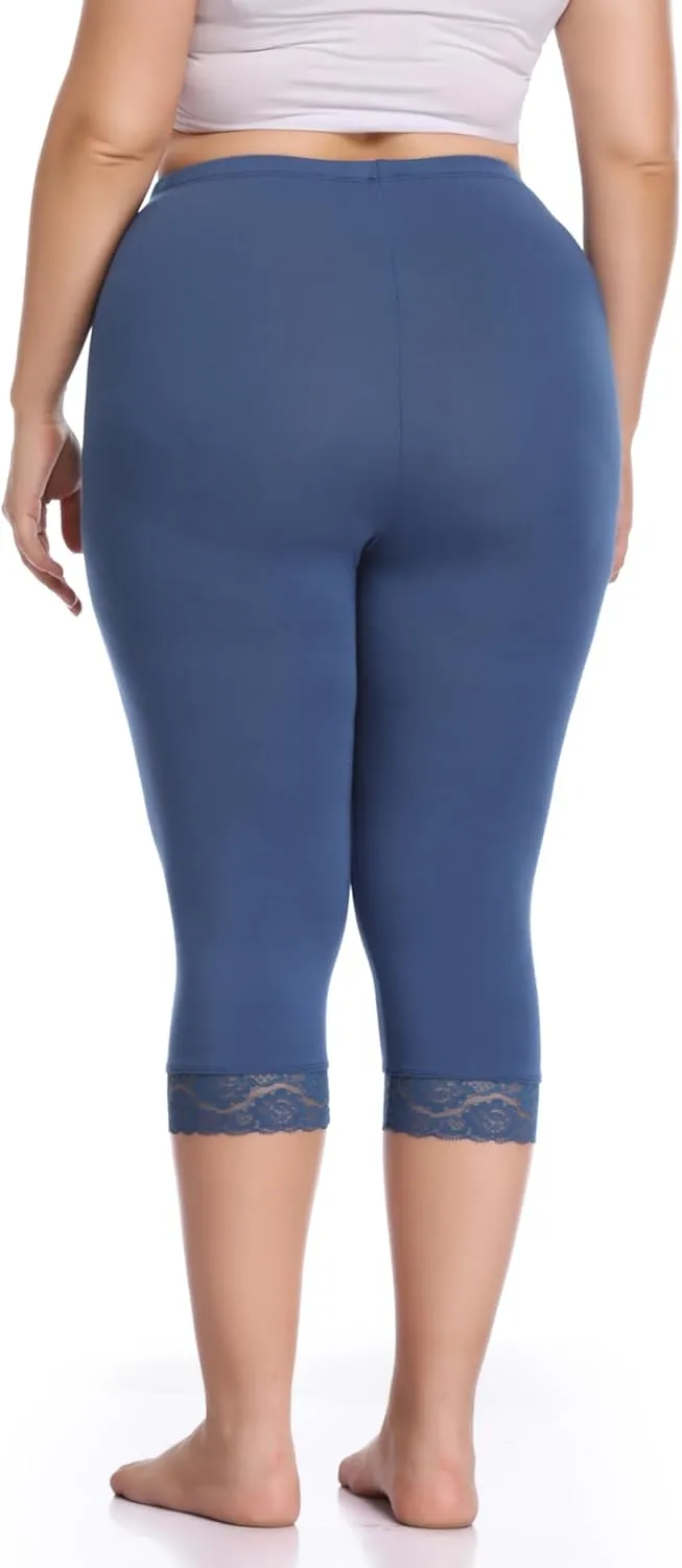 Women's Plus Size Capri Leggings Lace Trim High Waisted Stretchy Soft Crop Pants