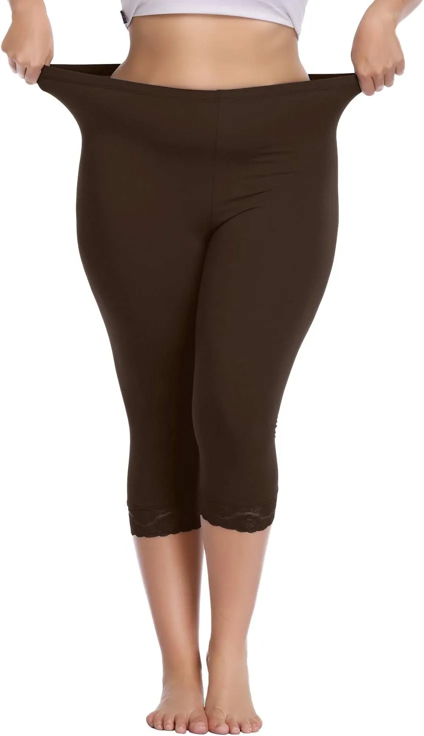 Women's Plus Size Capri Leggings Lace Trim High Waisted Stretchy Soft Crop Pants