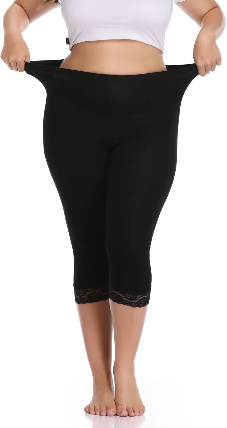 Women's Plus Size Capri Leggings Lace Trim High Waisted Stretchy Soft Crop Pants