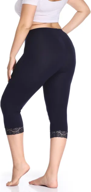 Women's Plus Size Capri Leggings Lace Trim High Waisted Stretchy Soft Crop Pants