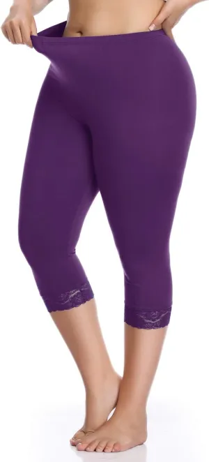 Women's Plus Size Capri Leggings Lace Trim High Waisted Stretchy Soft Crop Pants