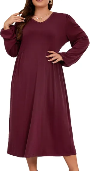 Women's Plus Size V Neck Dress Long Sleeve Casual Swing Loose Empire Waist Midi Dress