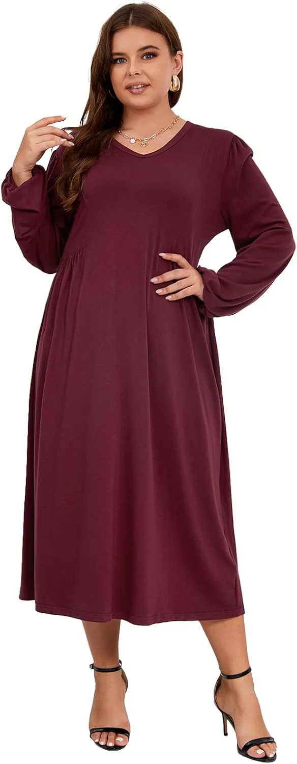 Women's Plus Size V Neck Dress Long Sleeve Casual Swing Loose Empire Waist Midi Dress